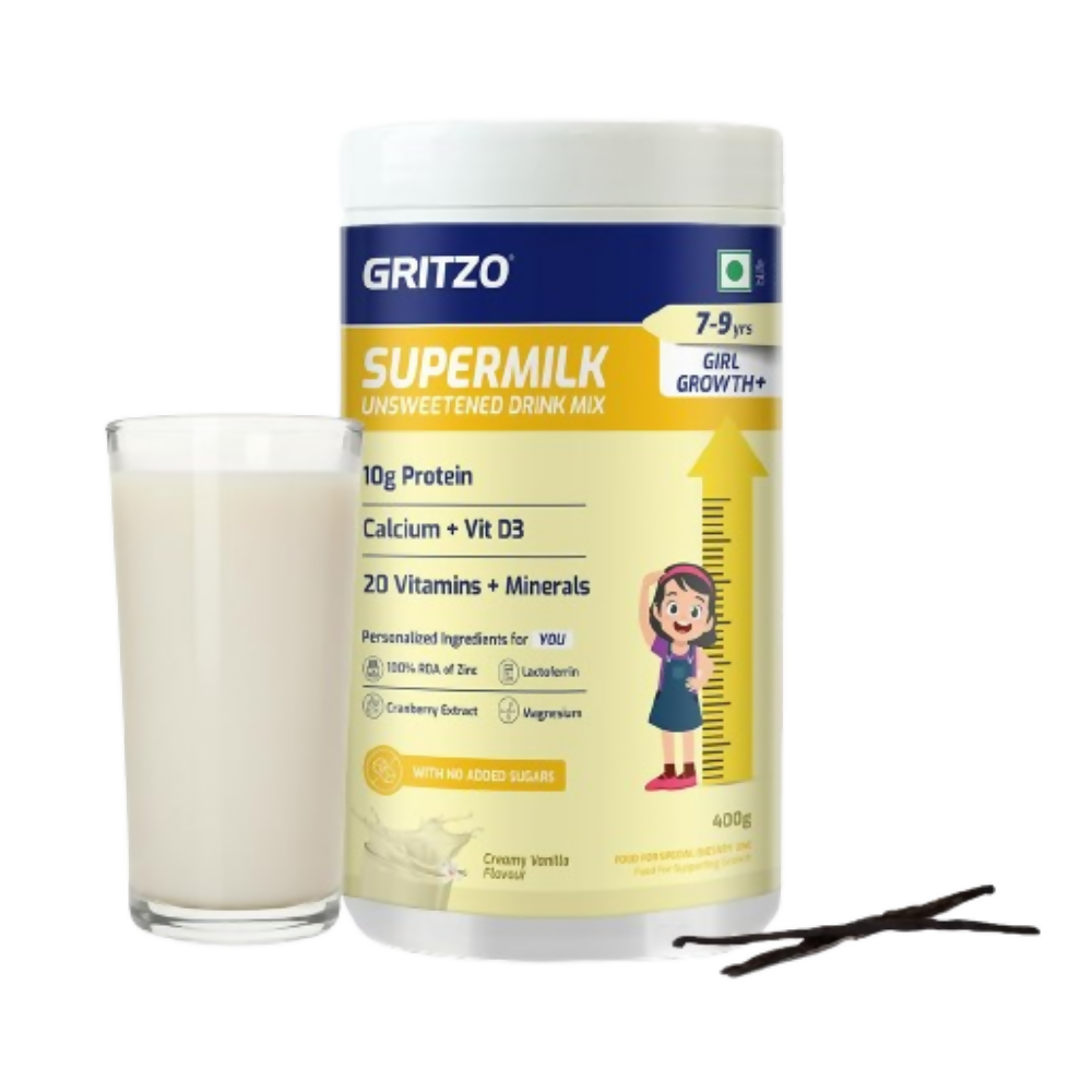 Gritzo SuperMilk Growth+ (Formerly Height+) Unsweetened Drink Mix (7-9y Girls), 10g Protein Powder- Creamy Vanilla - Distacart