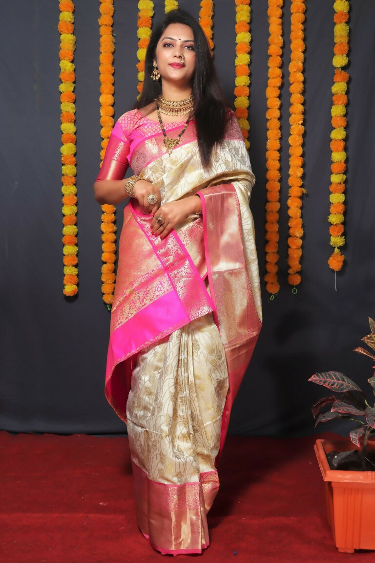 Jyoti Fashion Women's Off White Kanjivaram Silk Zari Woven Saree with Blouse - Distacart