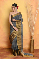Thumbnail for Very Much Indian Handloom Pure Cotton Linen Saree With Golden Border - Grey Gold - Distacart