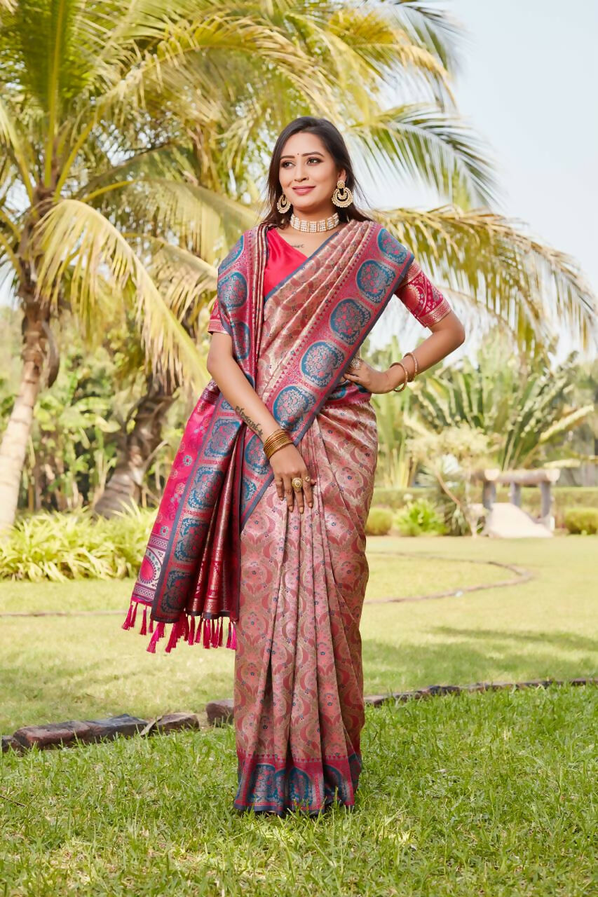 Vastranavya Boutique Collection Kanjivaram Soft Silk Saree With Unstitched Blouse - Coral - Distacart