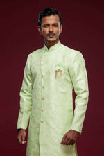 Thumbnail for Raivat Ethnic Banarasi Jacquard Embroidery Semi Indo Western Sherwani In Pista Green Colour