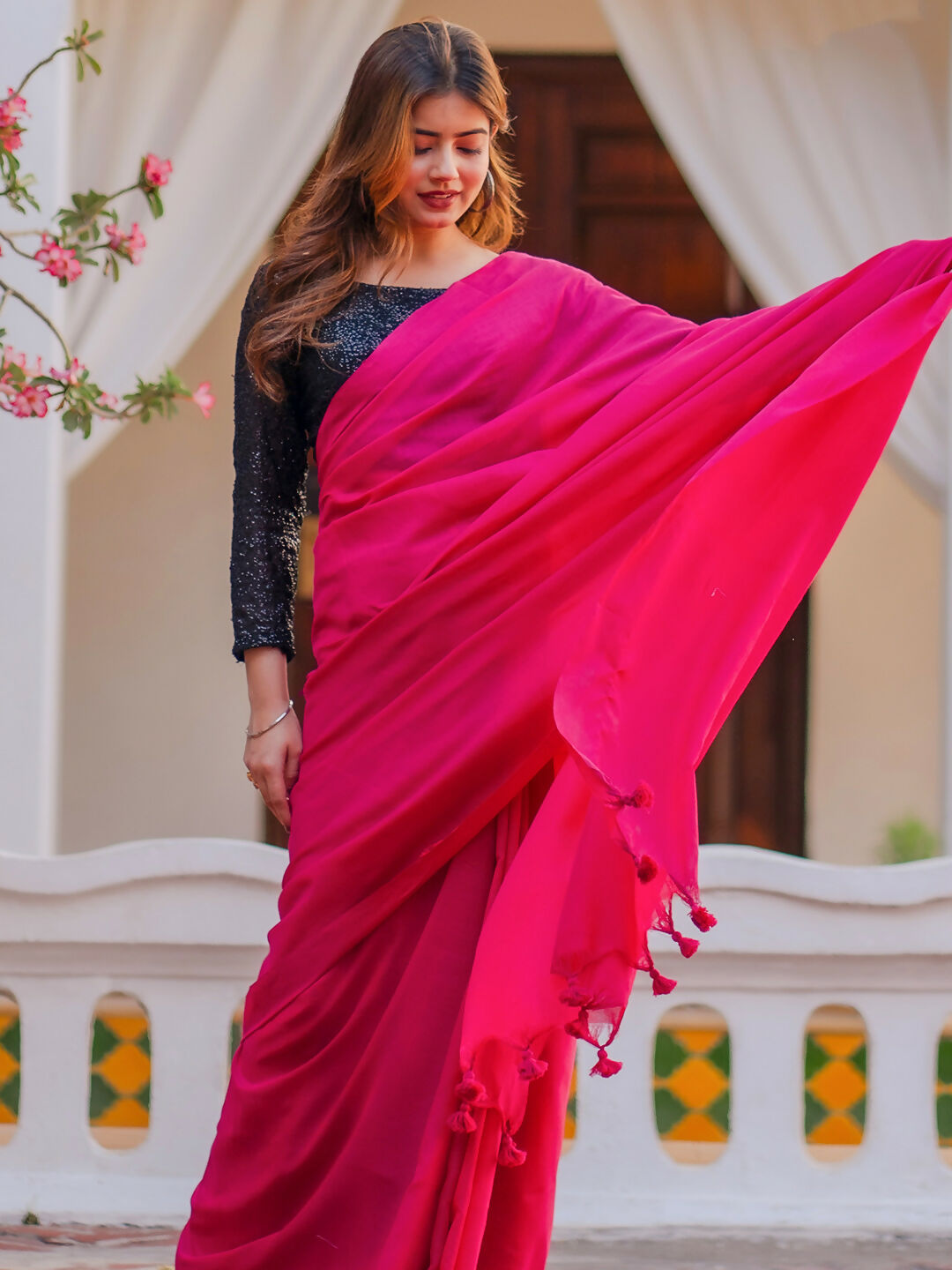 Zibaa Hand-Dyed Mul Cotton Pink Saree with Tassels