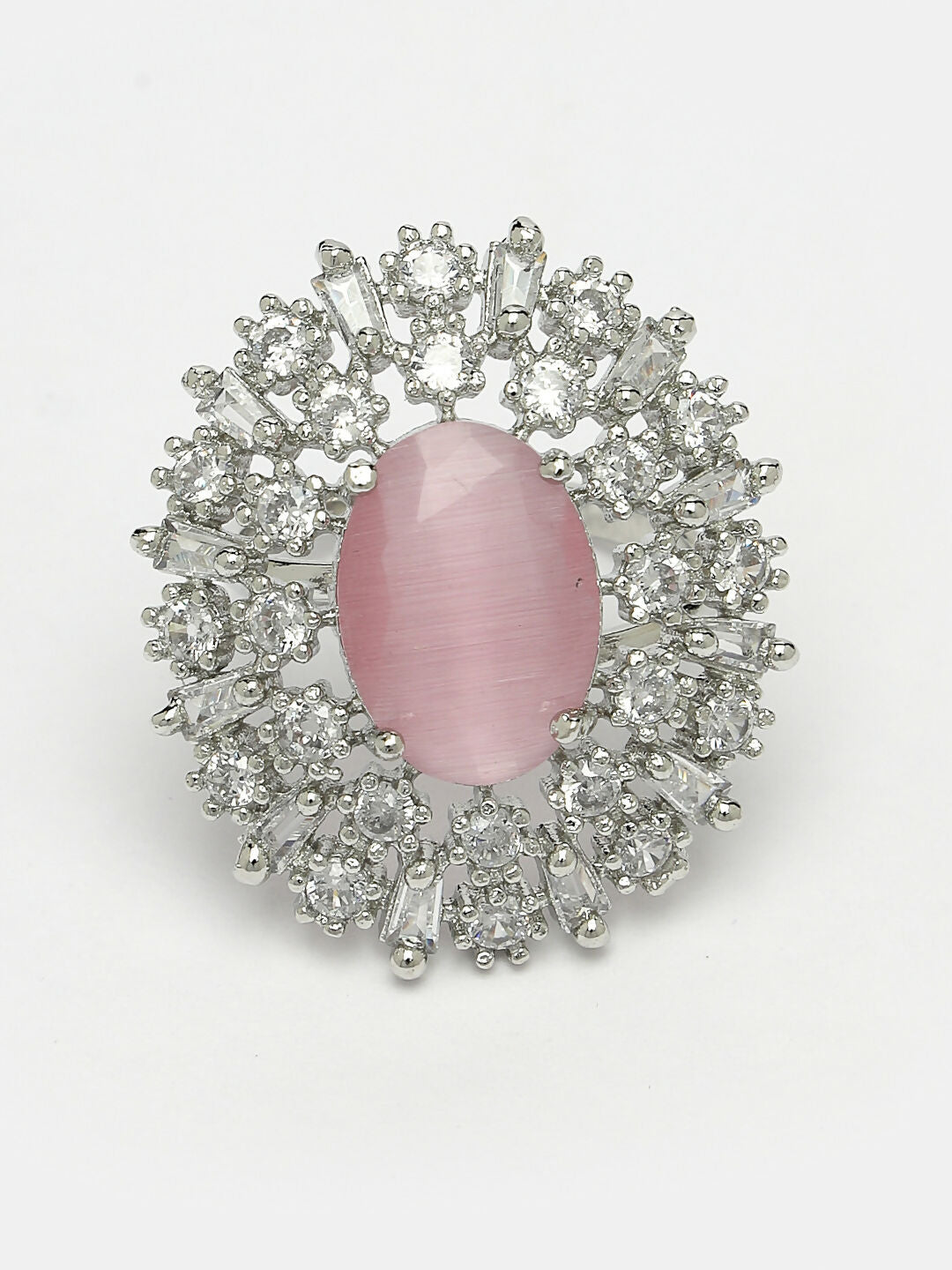 NVR Women's Pink & Silver CZ-Studded Handcrafted Adjustable Finger Ring - Distacart