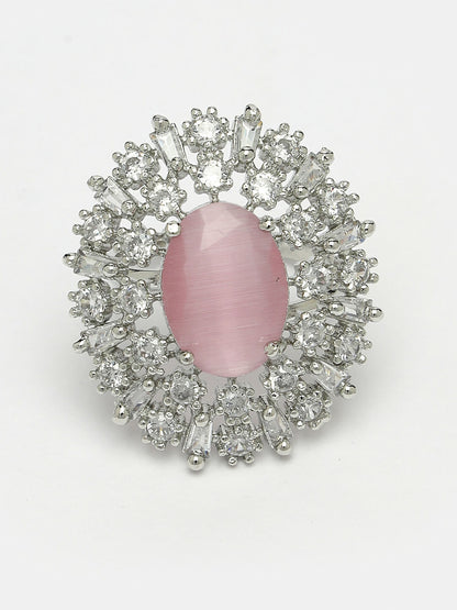 NVR Women's Pink & Silver CZ-Studded Handcrafted Adjustable Finger Ring - Distacart