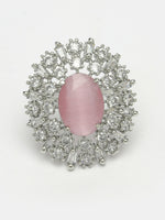 Thumbnail for NVR Women's Pink & Silver CZ-Studded Handcrafted Adjustable Finger Ring - Distacart