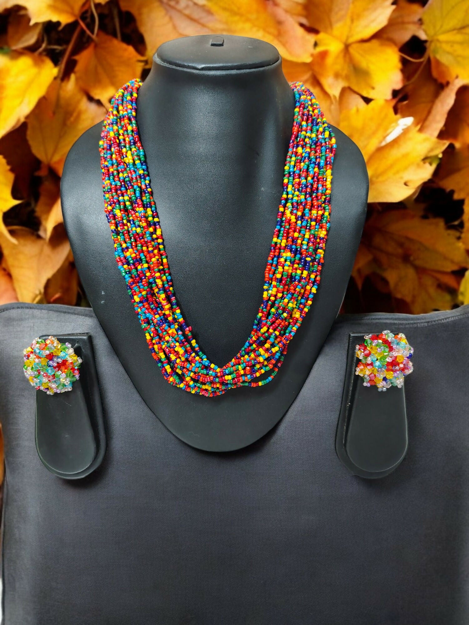 Inhanns Vibrant Handmade 20 Layers Beaded Necklace With Matching Earrings - Multi Colour - Distacart
