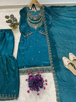 Thumbnail for Teeya Creation Teal Color Fendy Satin Silk Heavy Embroidery Work Sharara Suit - Distacart