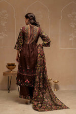 Thumbnail for Juniper Brown Floral Viscose Kurta Pant Dupatta Set With Thread Work And Sequence
