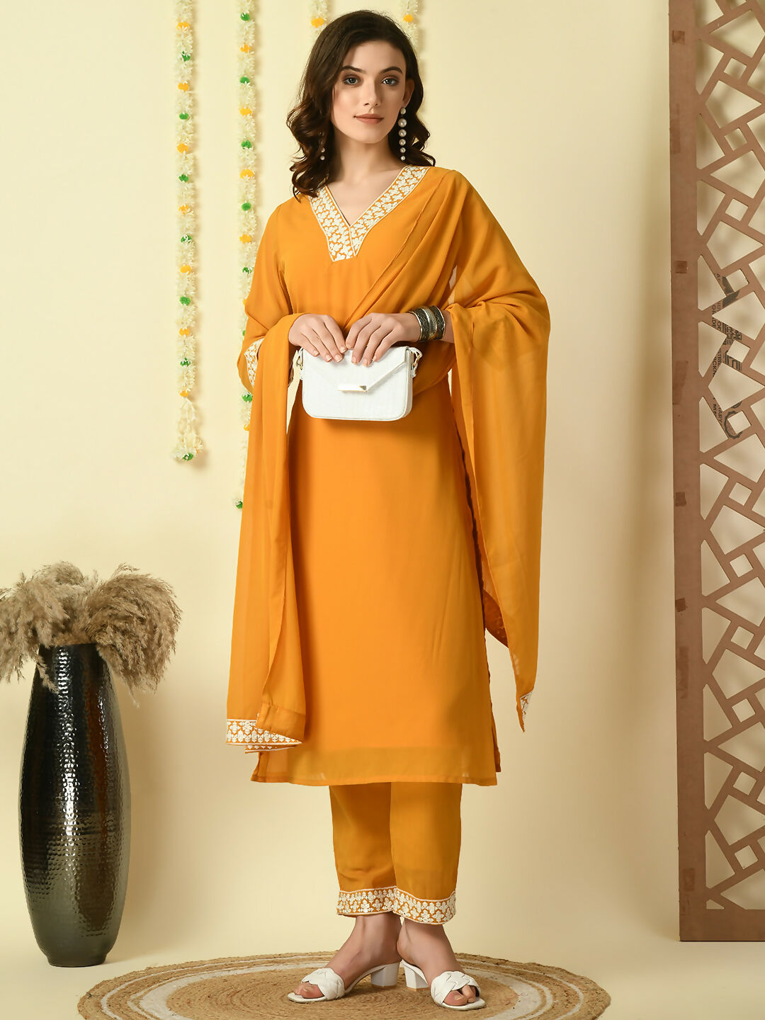 Myshka Women's Mustard Georgette Kurta & Trousers With Dupatta Party Sets - Distacart
