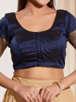 Thumbnail for Joban Fashion Navy Blue Taffeta Silk Padded Blouse With Round Neck Elbow Sleeves - Distacart