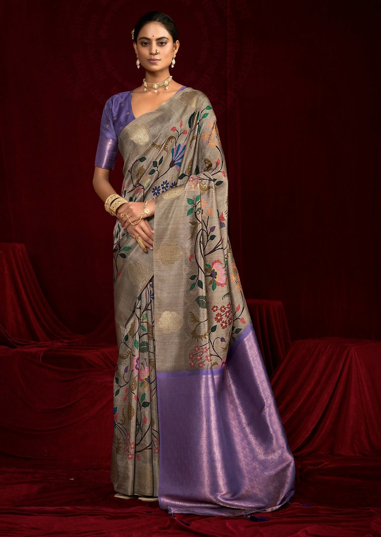 Joban Fashion Powder Blue Soft Silk Weaving Fabric With Digital Jamdani Print With Jacquard Rich Pallu & Blouse With Spring Tassels