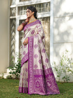Thumbnail for Shree Shyam Fashion Cream With Purple Silk Blend Saree - Distacart