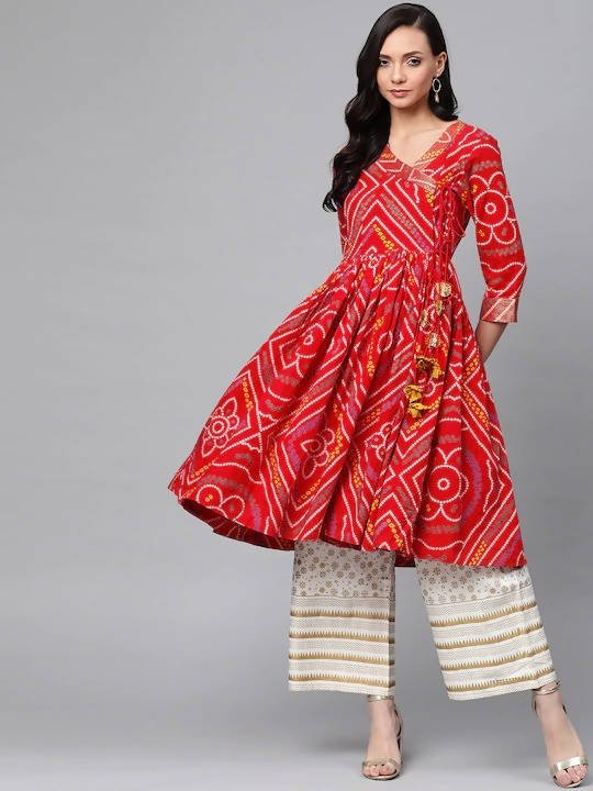 Anubhutee Red & Off-White Bandhani Print Kurta with Palazzos - Distacart