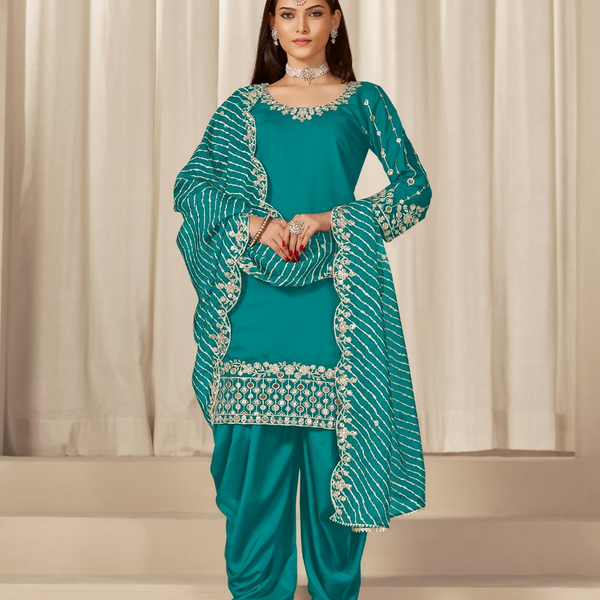 Anaita Turquoise Roman Silk Stitched Suit with Embroidery & Real Mirror Work - Distacart