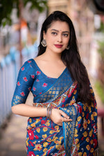Thumbnail for Blue Slub Silk Printed Saree with Unstitched Blouse - Hiral Fashion - Distacart
