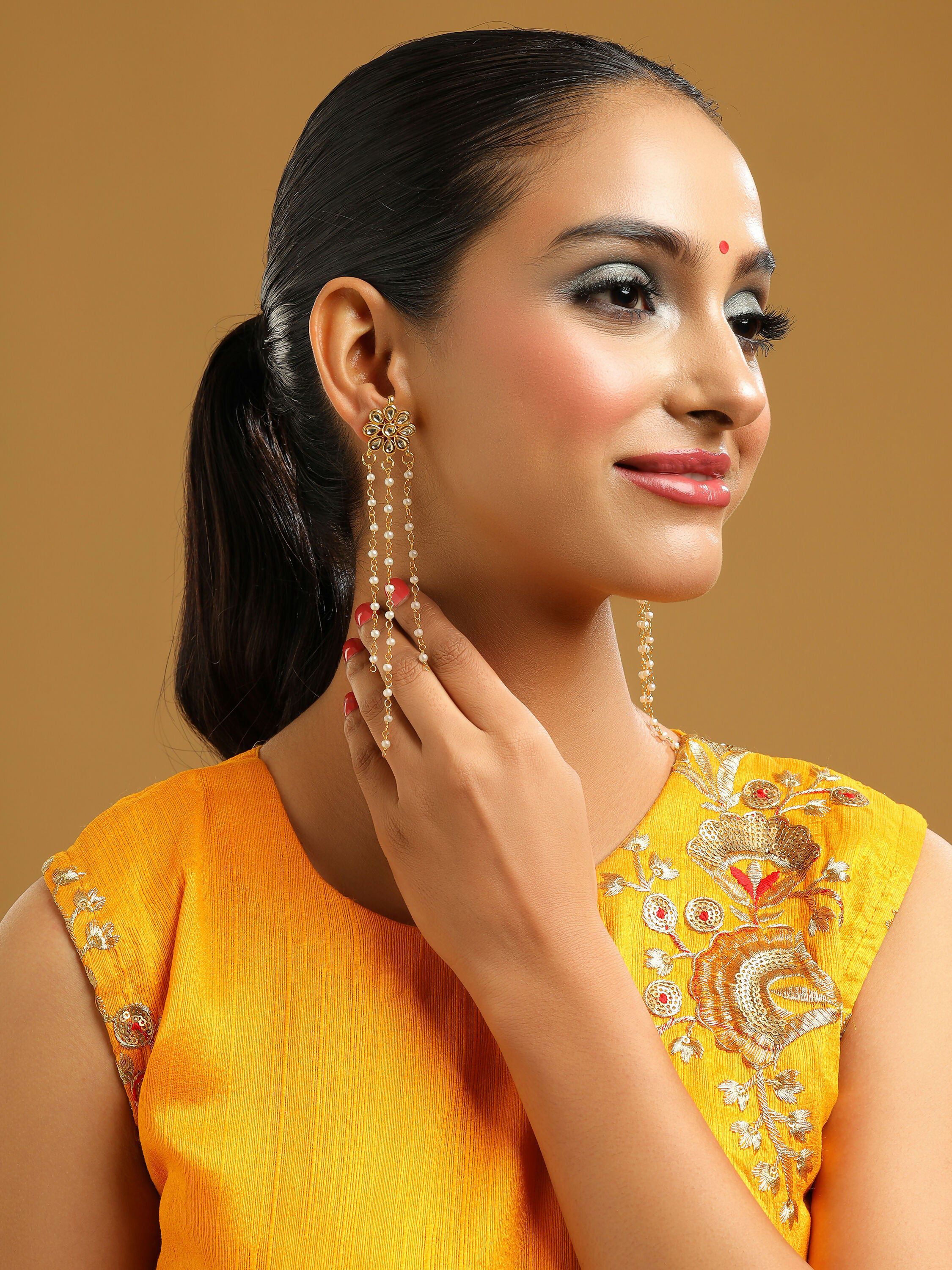 Ruby Raang Gold Long Kundan & Pearl Dangler Earrings