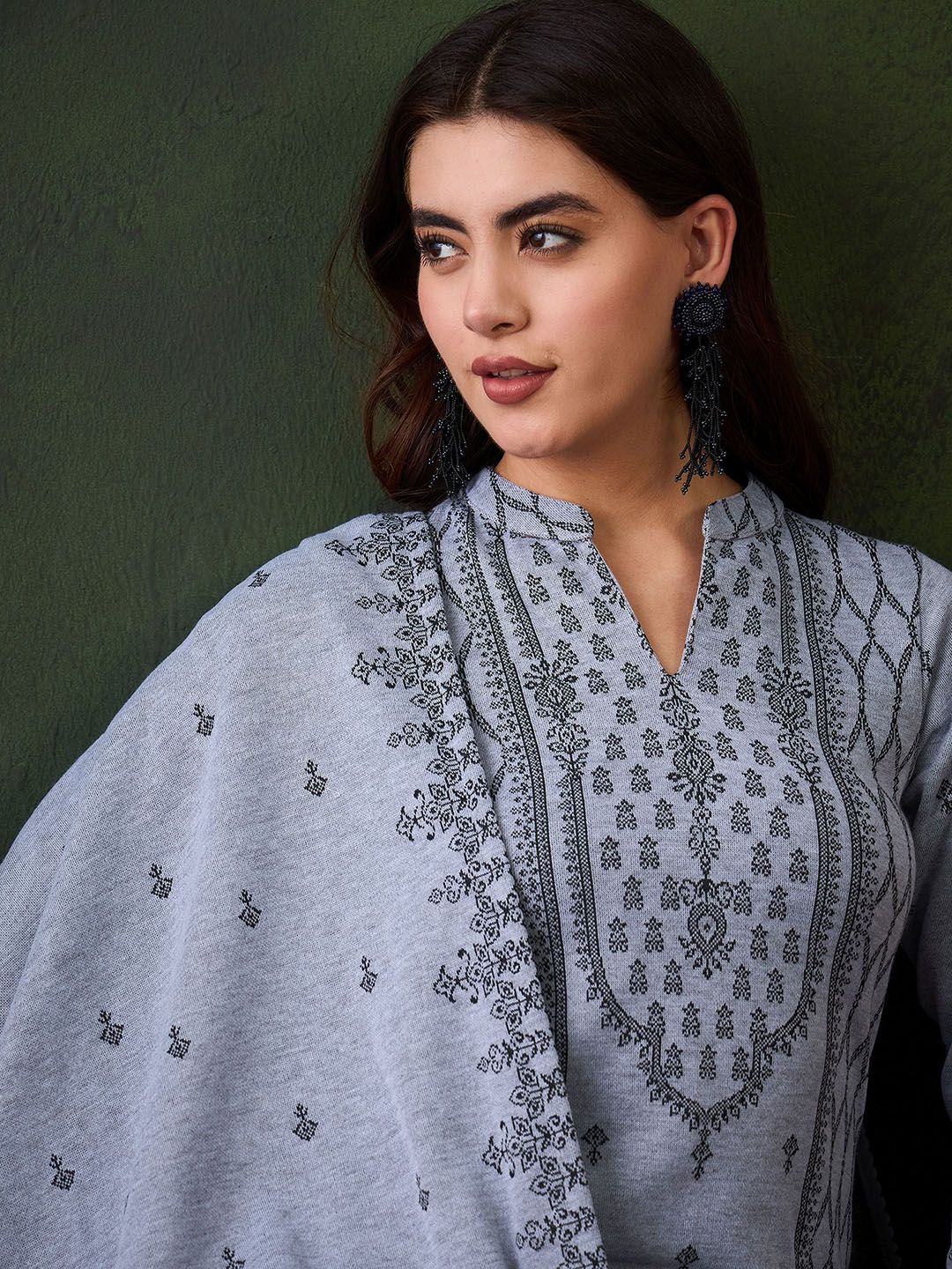 Sangria Winter Woolen Ethnic Motifs Woven Design Kurta With Trousers & Dupatta - Distacart