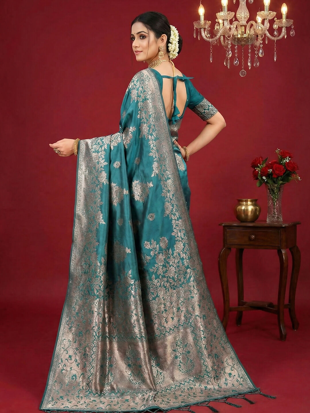 Shree Shyam Fashion Sea Green Silk Blend Saree - Distacart