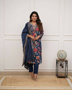 Thumbnail for The52 Blue Women's Gorgeous Printed Pure Russian Silk Fabric Straight Kurta Pant with Dupatta Set - Distacart