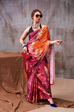 Thumbnail for Vastranavya Maroon Satin Silk Printed Saree with a Natural Silk Unstitched Blouse - Distacart