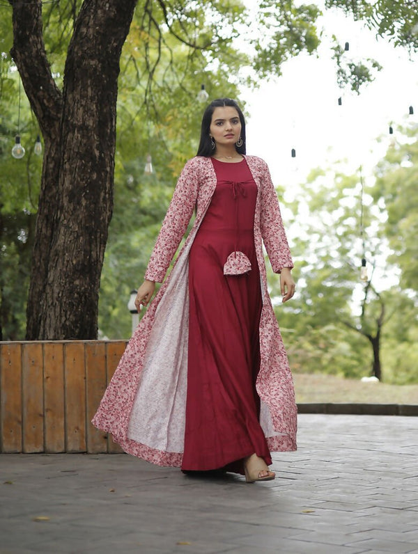 Aastha Fashion Women's Maroon Designer Rayon Gown with Crochet Embroidery Work Shrug - Distacart