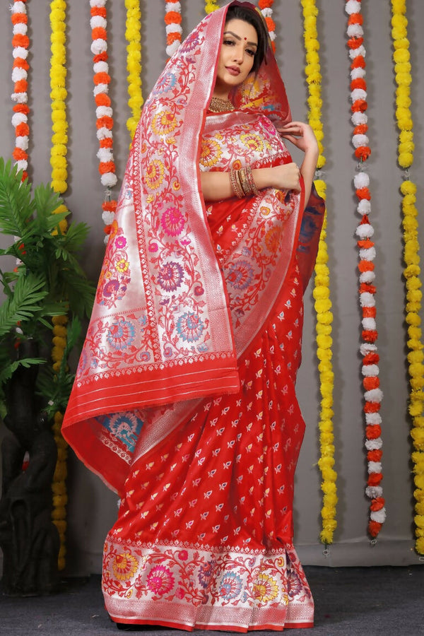 Jyoti Fashion Women's Red Banarasi Silk Zari Woven Saree with Blouse - Distacart