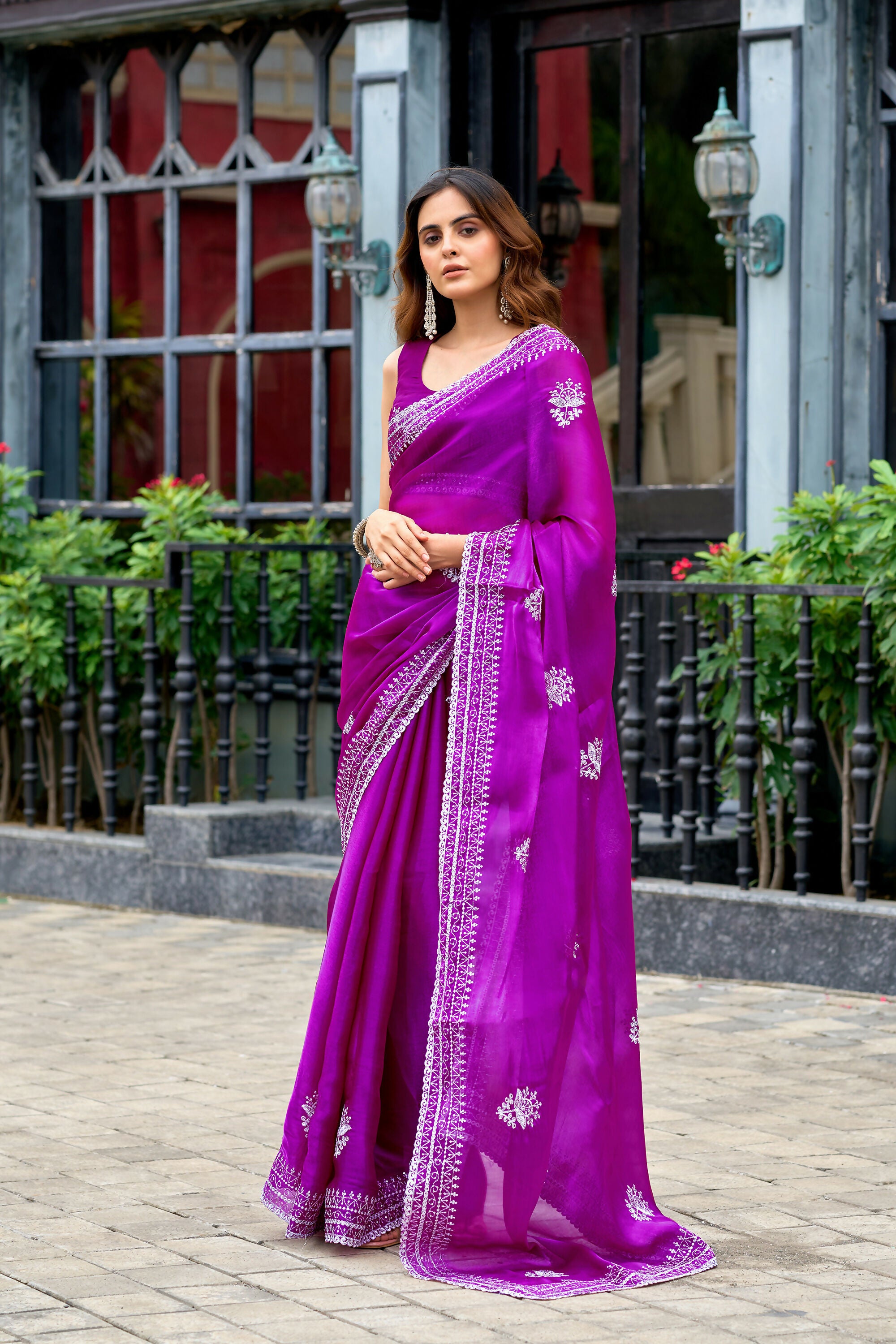 Vastranavya Purple Embroidery Work Shimmer Chiffon Saree with Unstitched Blouse