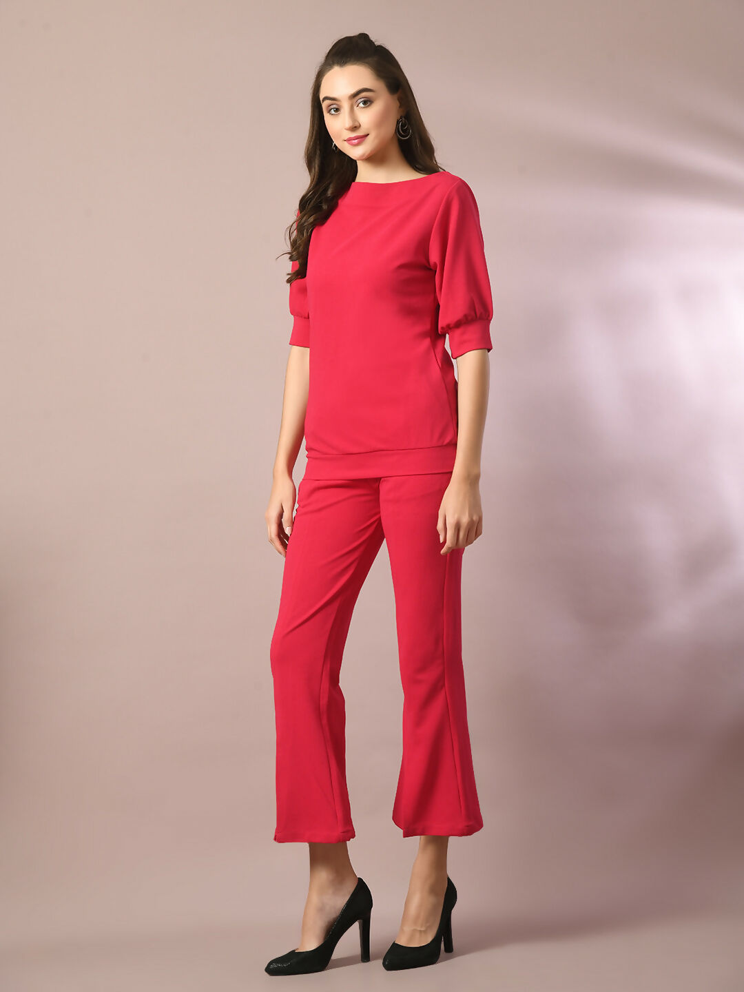 Myshka Women's Pink Solid Boat Neck Party Top With Trousers Co-ord set - Distacart