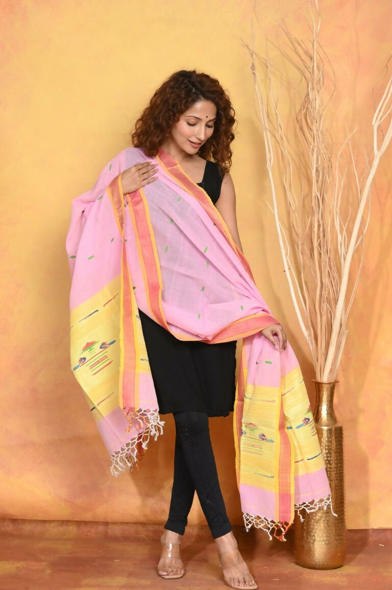 Very Much Indian Handloom Pure Cotton Paithani Dupatta Pink - Distacart