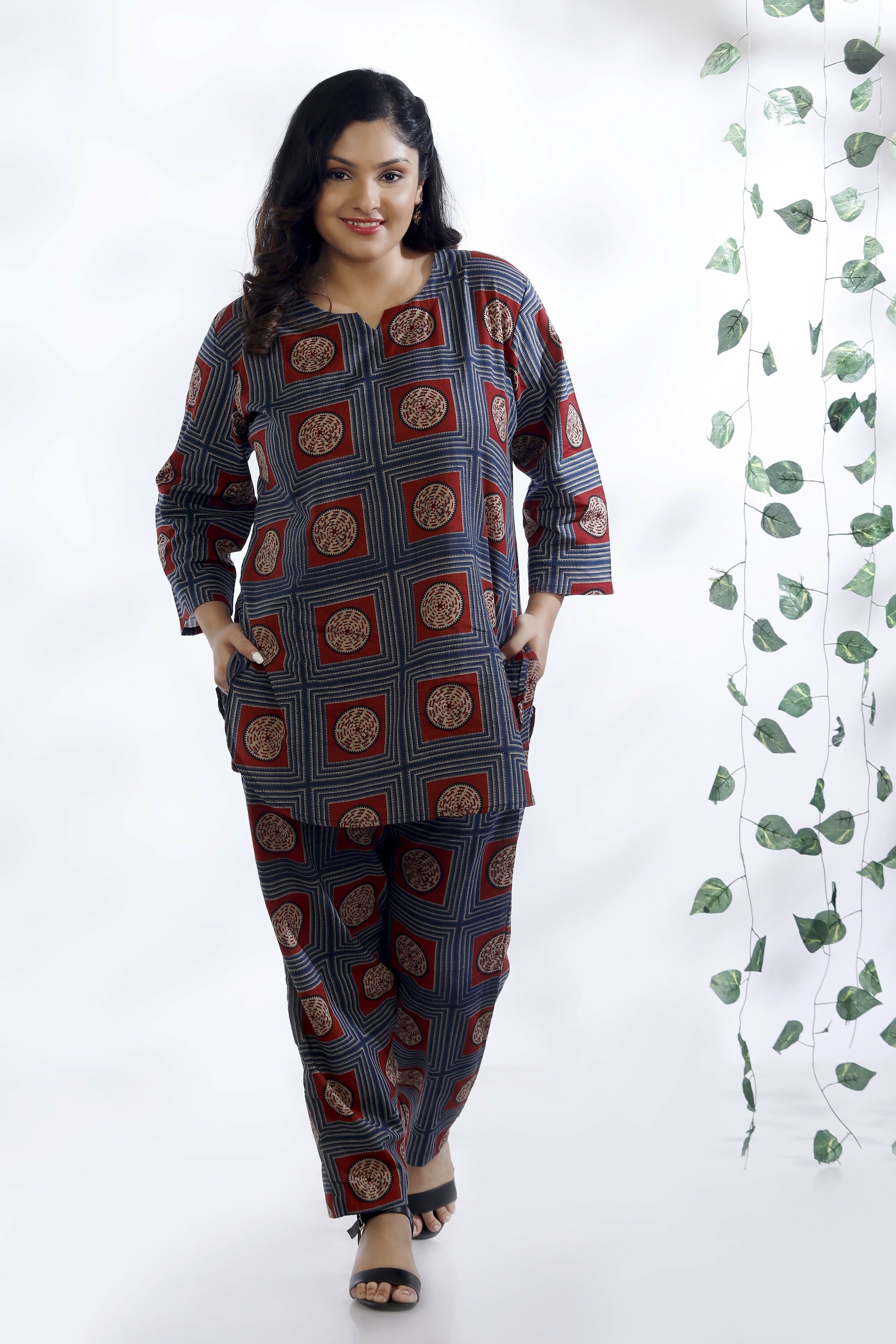 Breathables Women’S Blue Cotton Geometric Print Loungewear Co-Ord Set – Hip-Length Kurta & Pants - Dista