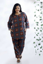 Thumbnail for Breathables Women’S Blue Cotton Geometric Print Loungewear Co-Ord Set – Hip-Length Kurta & Pants - Dista