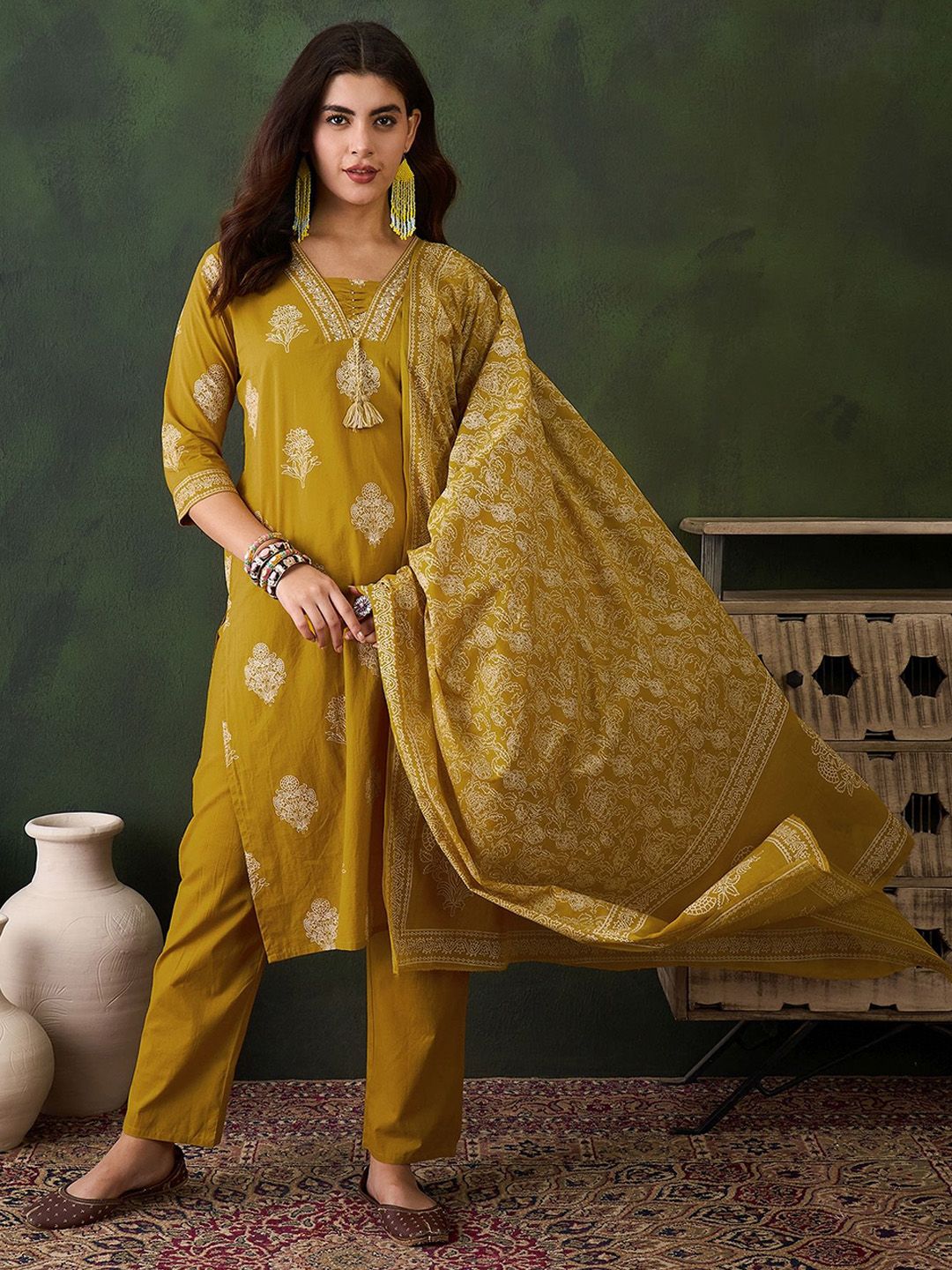 Sangria Printed Pure Cotton Straight Kurta , Trouser & Dupatta Set - Distacart
