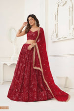 Thumbnail for Aastha Fashion Maroon Butterfly Net Tone To Tone Thread Work, Sequence Work And Original Mirror Work Embroidery Wedding Wear Lehenga Choli - Distacart
