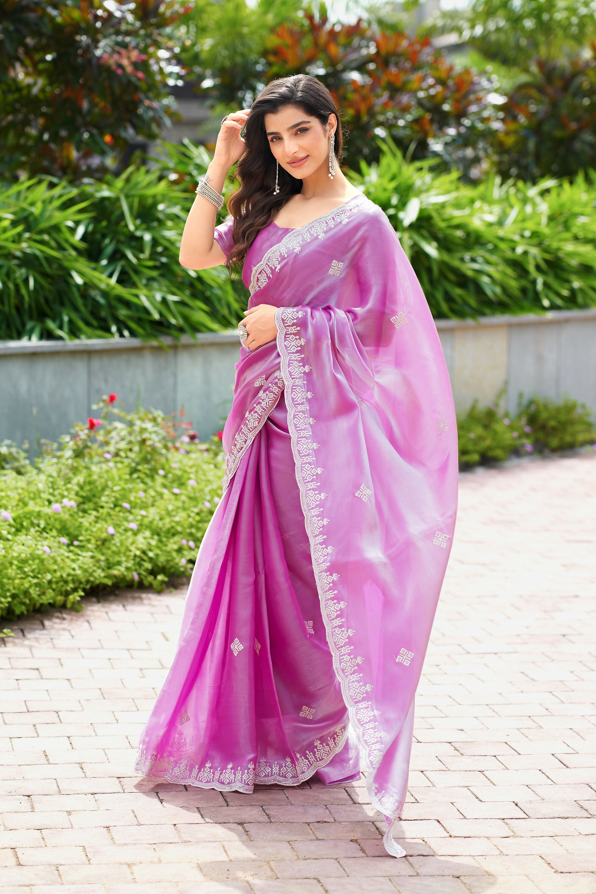 Vastranavya Light Pink Embroidery Work Shimmer Chiffon Saree with Unstitched Blouse