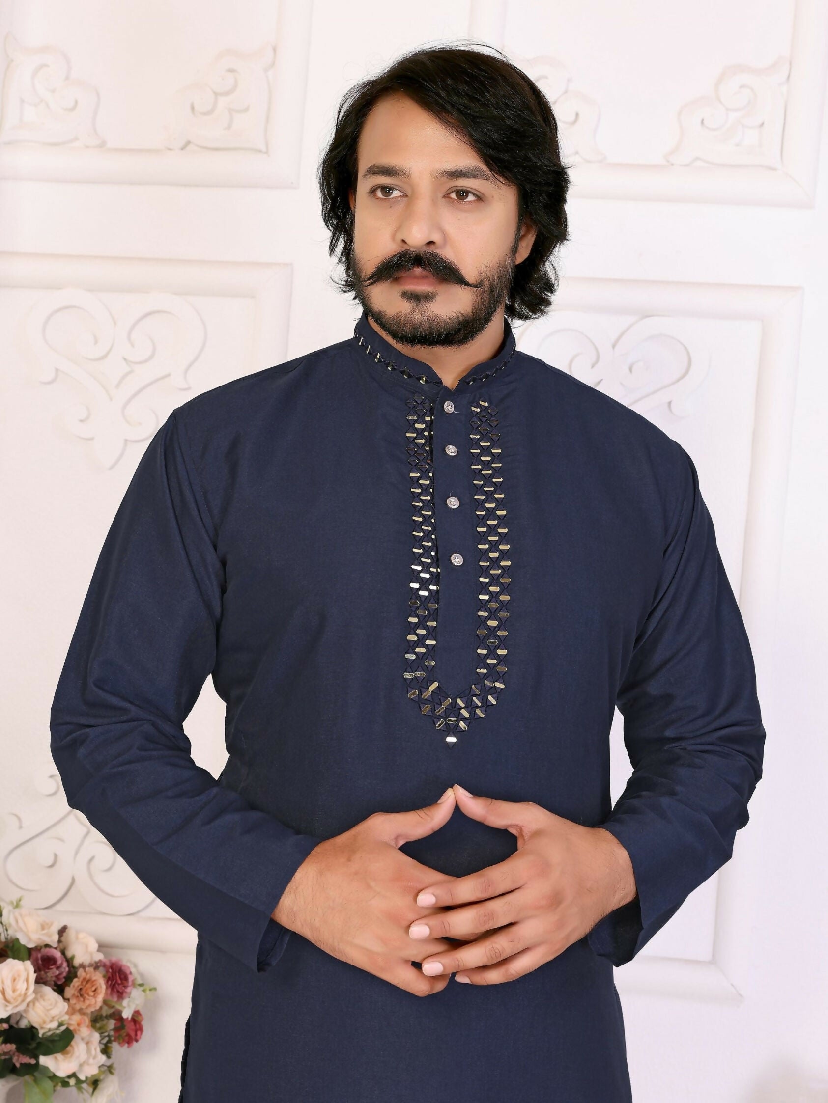 Anaita Navy Silk Straight Kurta With Neck Mirror Work - Distacart