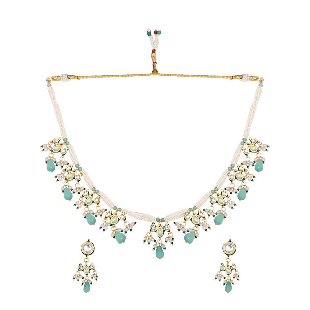 Nuyug 22K Gold Plated Pearl Empress Flora Green Stone Drops Necklace Set