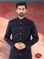 Thumbnail for Joban Fashion Men's Blue Base Straight Velvet Thread And Sequence Embroidary All Over Indo-Western Kurta Set - Distacart