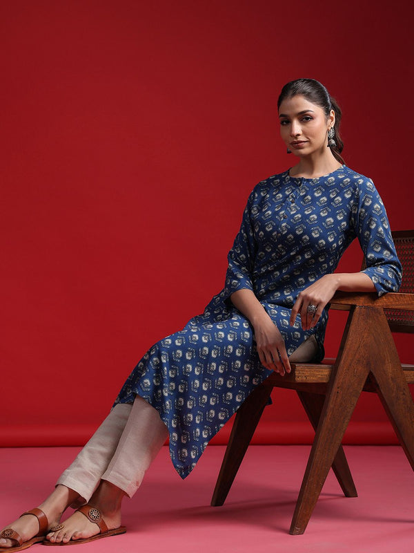 Indo Era Women Geometric Printed Thread Work Kurta