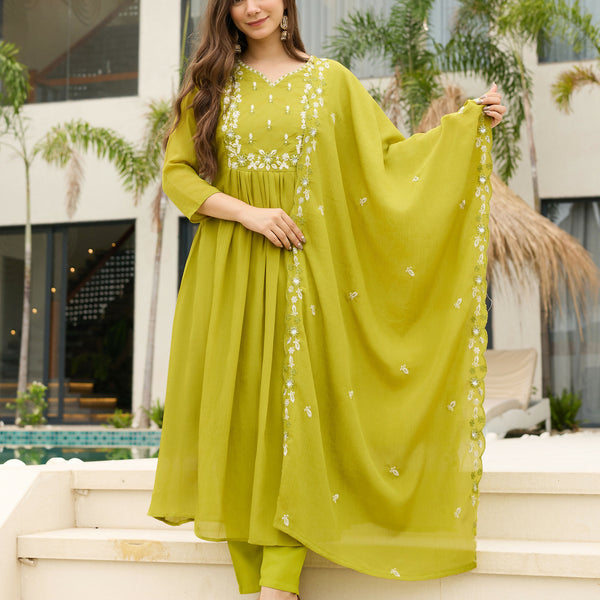 The52 Lemons Women's Gorgeous Chinon Embroidered Flared Kurta with Pant And Dupatta Set - Distacart