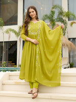 Thumbnail for The52 Lemons Women's Gorgeous Chinon Embroidered Flared Kurta with Pant And Dupatta Set - Distacart