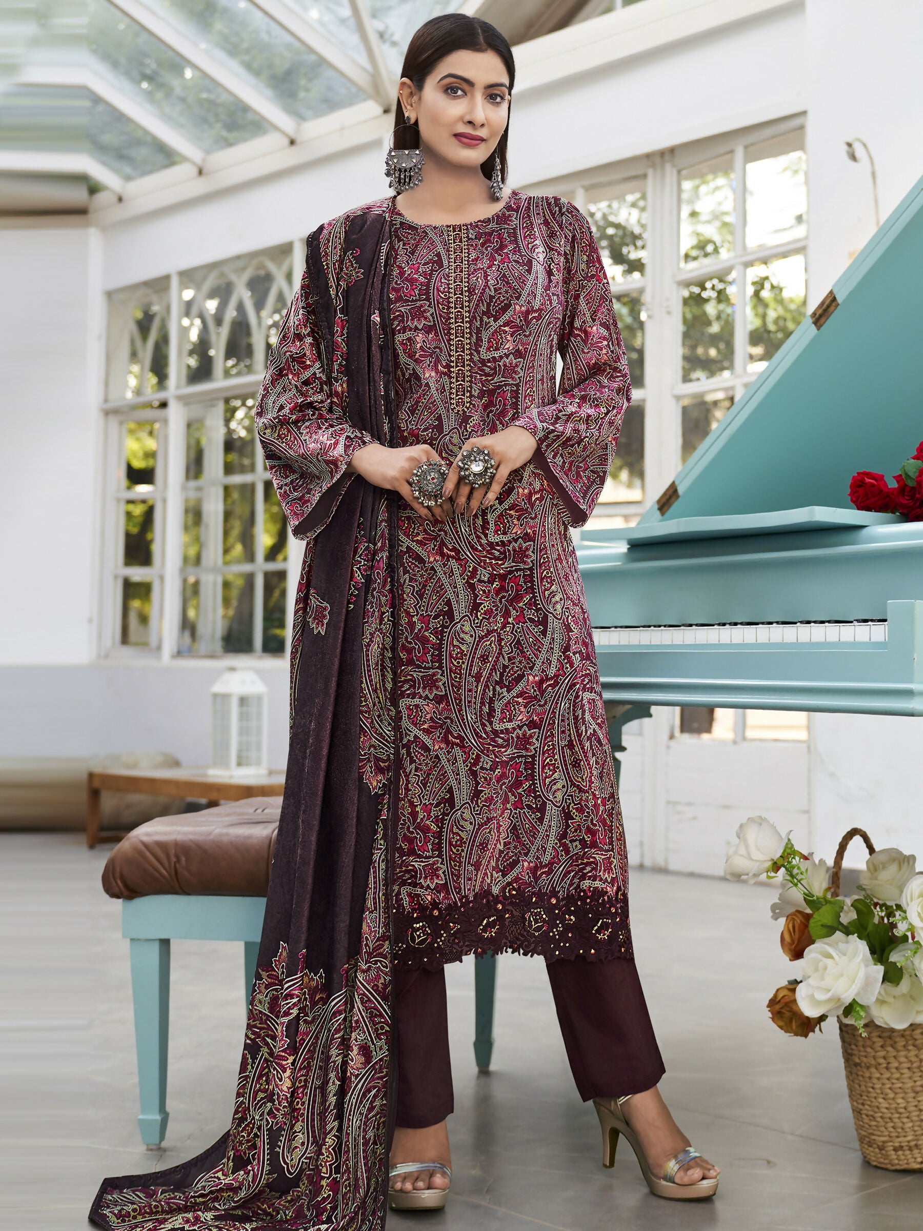 Jyoti Fashion Women's Wine Velvet Digital Print with Resham Thread work Kurta with Trouser & Dupatta - Distacart