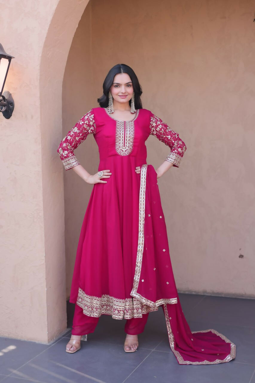 Teeya Creation Rani Pink Faux Georgette Embroidered Anarkali Suit with Dupatta