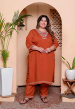 Thumbnail for Miravan Women's Plus Size Orange Embroidered Straight Kurta with Palazzo and Dupatta set - Distacart