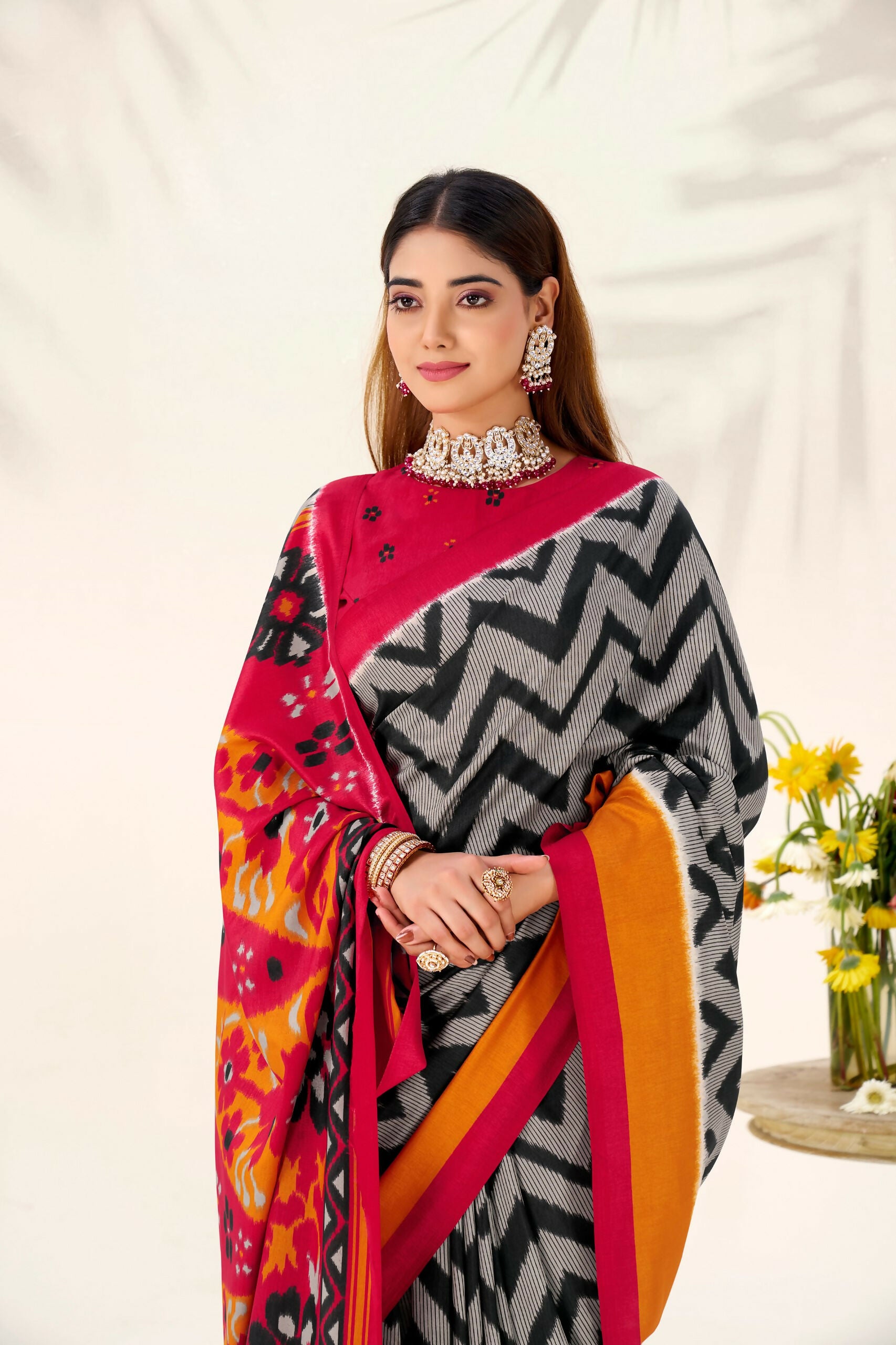 Vastranavya Black Tussar Silk Zigzag Waves Printed Saree with Unstitched Blouse - Distacart