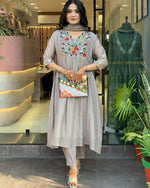 Thumbnail for The52 Grey Women's Gorgeous Chinon Viscose Fabric Embroidered Work Straight Kurta Pant and Dupatta Set - Distacart