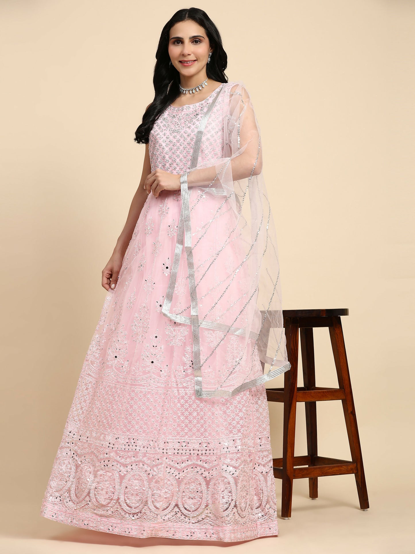 Pink Net Hand Embroidered Gown - Rudrani - Distacart