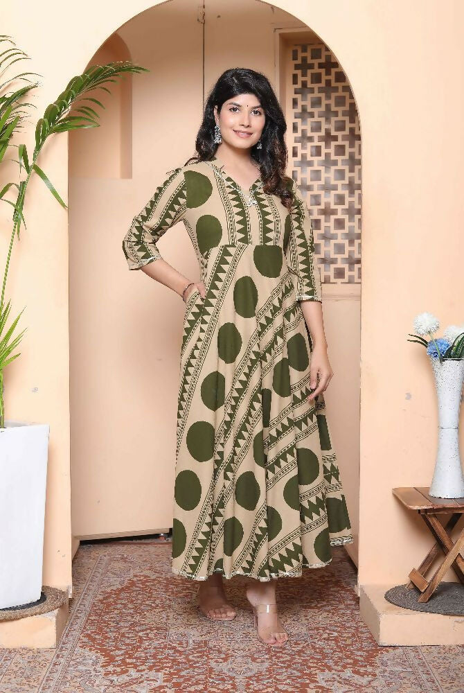 Miravan Womens Green Cotton Anarkali Kurta