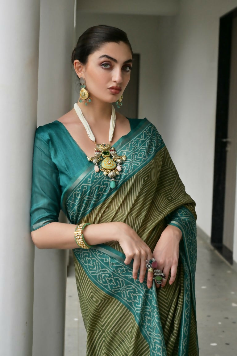 Vishnu Weaves Women's Rama Soft Tussar Silk Printed Saree with Blouse