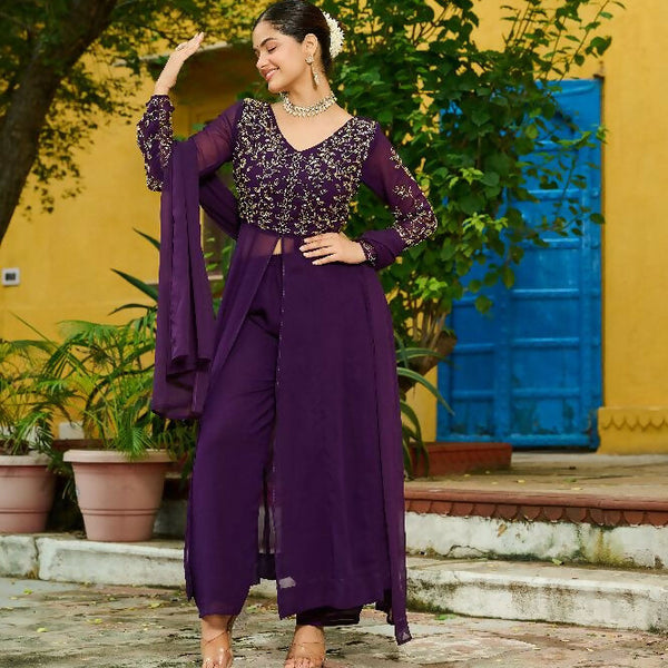 Joban Fashion Purple Readymade Kurta Set With Sequence embroidery Work