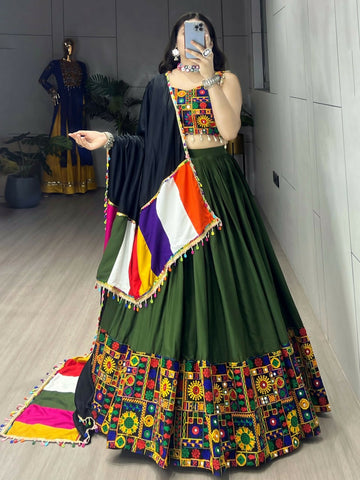 Yash Enterprise Mehndi Rayon Cotton Embroidery Semi Stitched Navratri Chaniya Choli - Dista